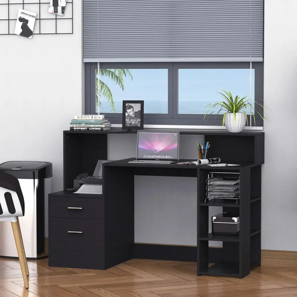 Schreibtisch mit Regal Computertisch Bürotisch mit Tischplatte für Drucker Schublade MDF Metall Schwarz 137 x 55 x 92 cm