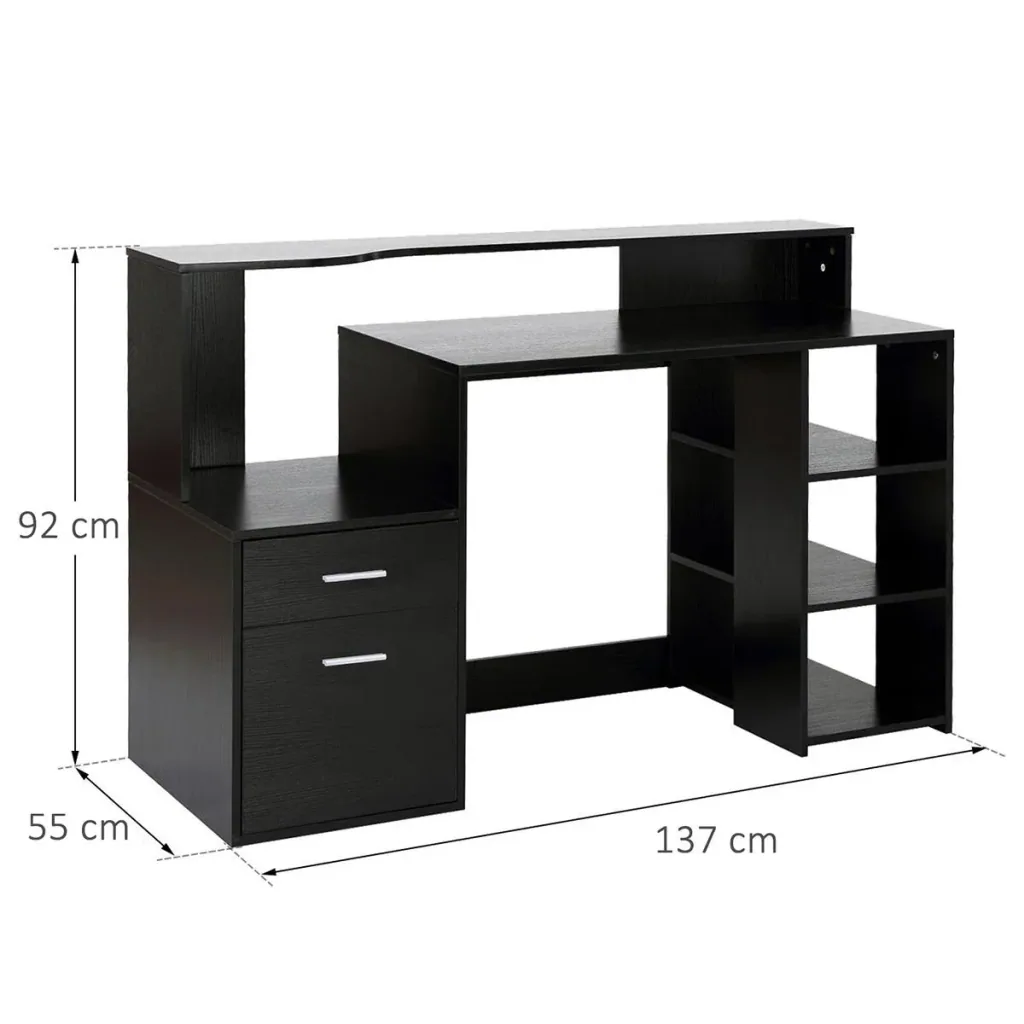 Schreibtisch mit Regal Computertisch Bürotisch mit Tischplatte für Drucker Schublade MDF Metall Schwarz 137 x 55 x 92 cm