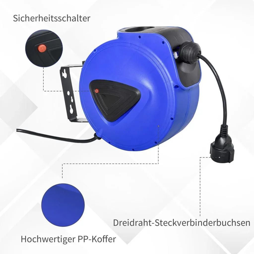 Kabeltrommel 15 m+1.3 m Leitung Automatik Kabelaufroller Outdoor Aufroll stromkabel drehbar Wandhalterung, PP, Gummi, Me