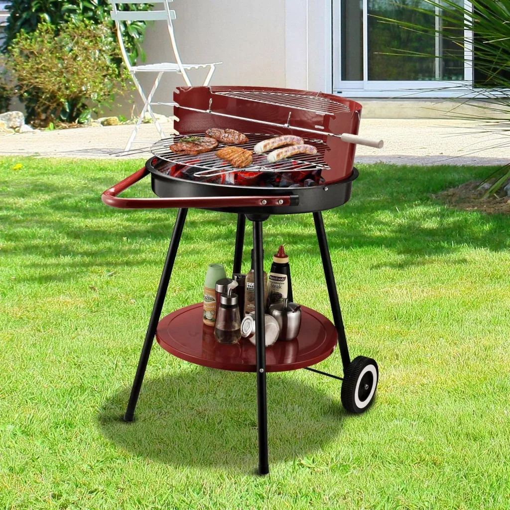 Holzkohlegrill Rundgrill auf Rollen mit Ablage Metall Rot