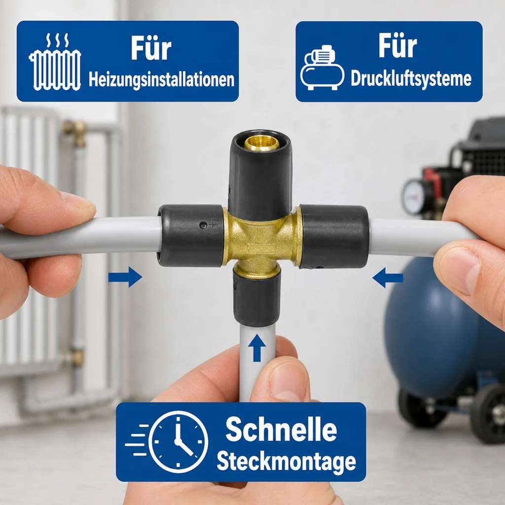 T Stück Fitting, Steckfitting 16mm, Rohrverbinder T-Stück, ohne Pressen