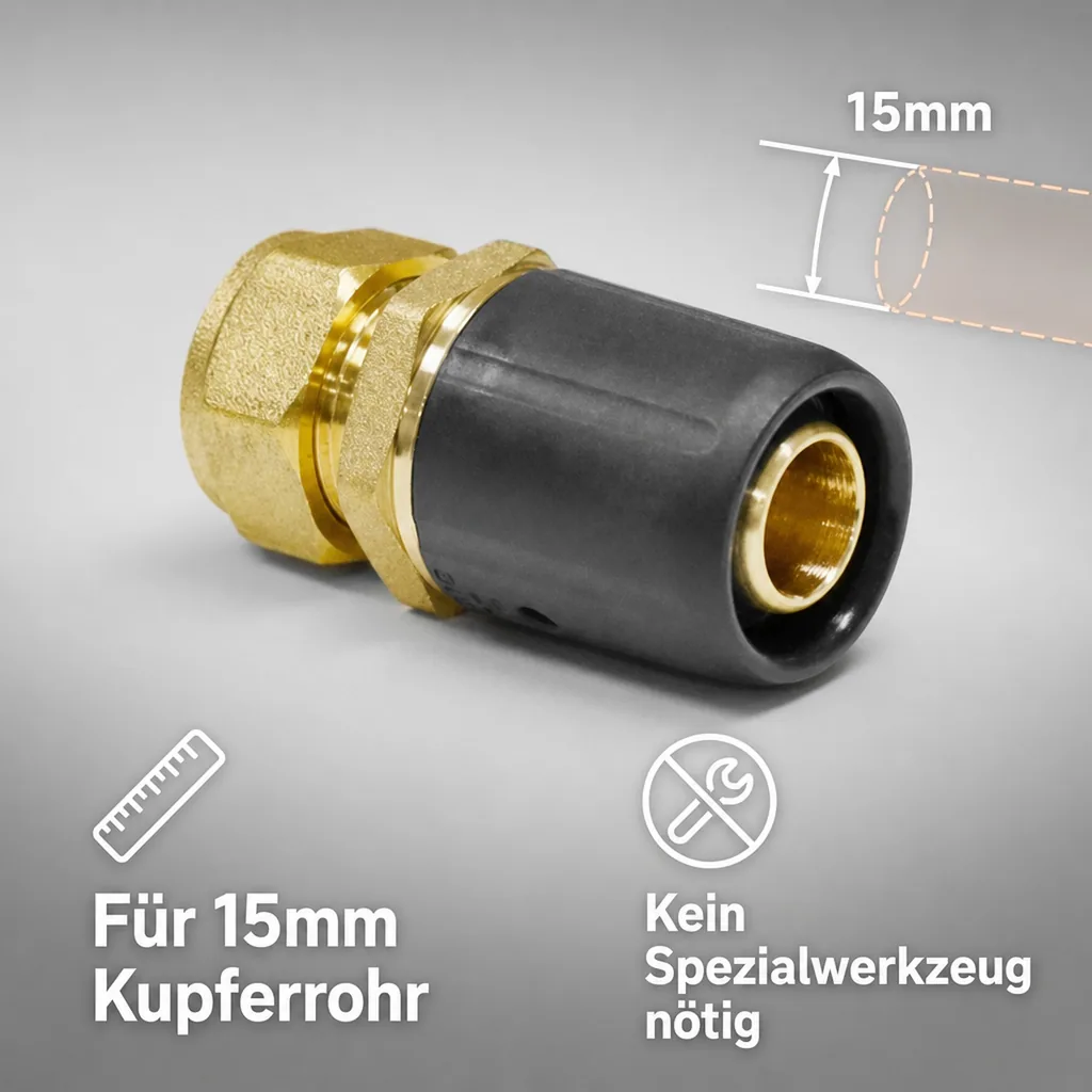Steckfitting Kupferrohr, Übergang 16mm auf 15mm, Schraubanschluss