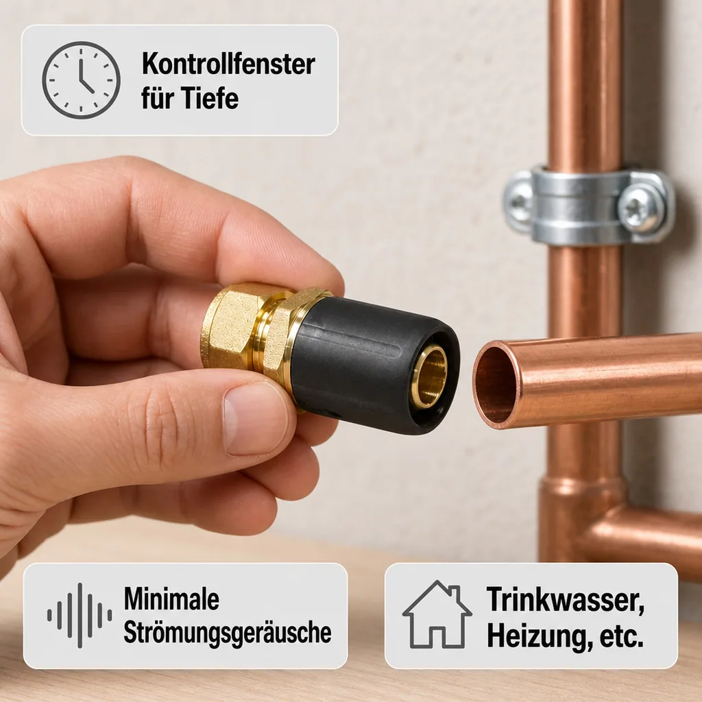 Steckfitting Kupferrohr, Übergang 16mm auf 15mm, Schraubanschluss