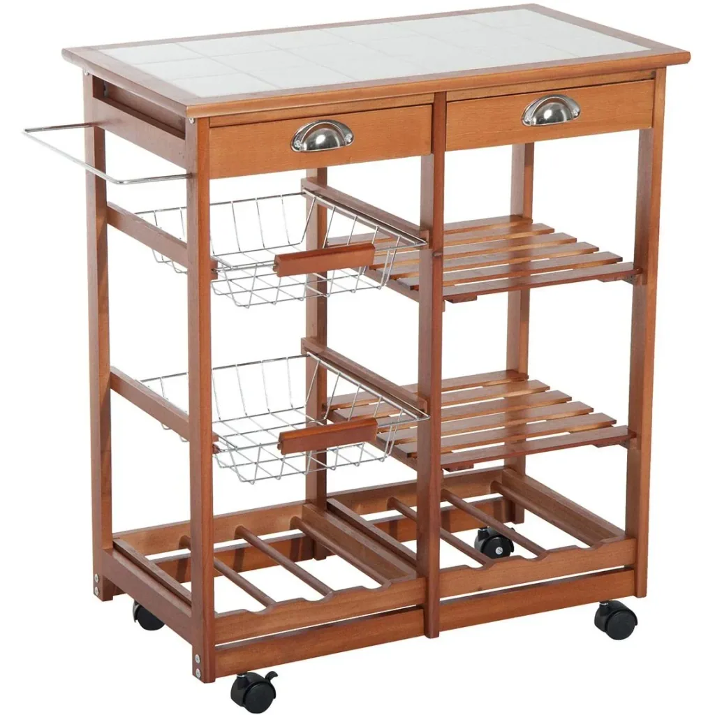 Küchenwagen aus Holz 2 Schubfächer und Flaschenablage