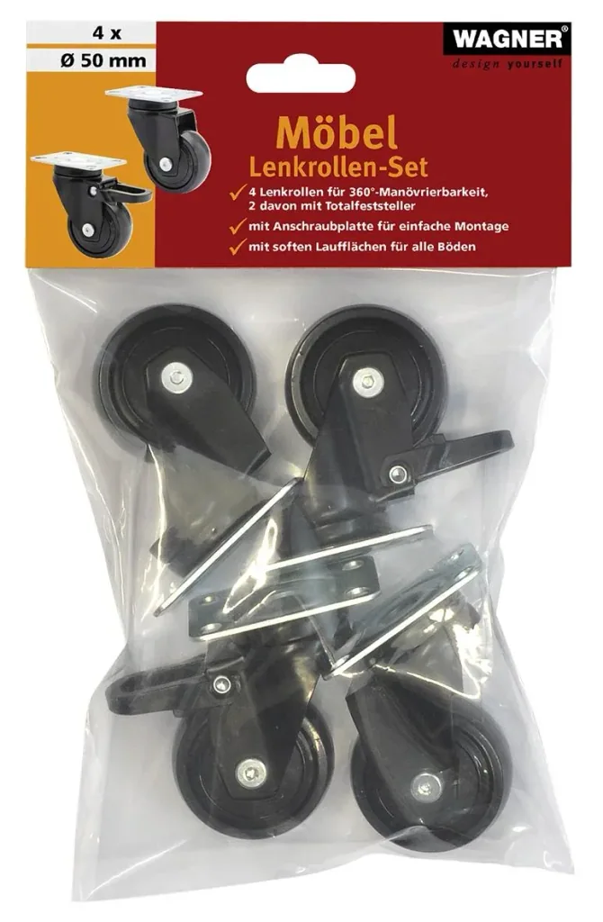 Design 3C Lenkrollen 4 teiliges Set - Ø 50 mm, soft, schwarz, 2 Rollen mit & 2 ohne Feststeller, Tragkraft 50 kg / Rolle
