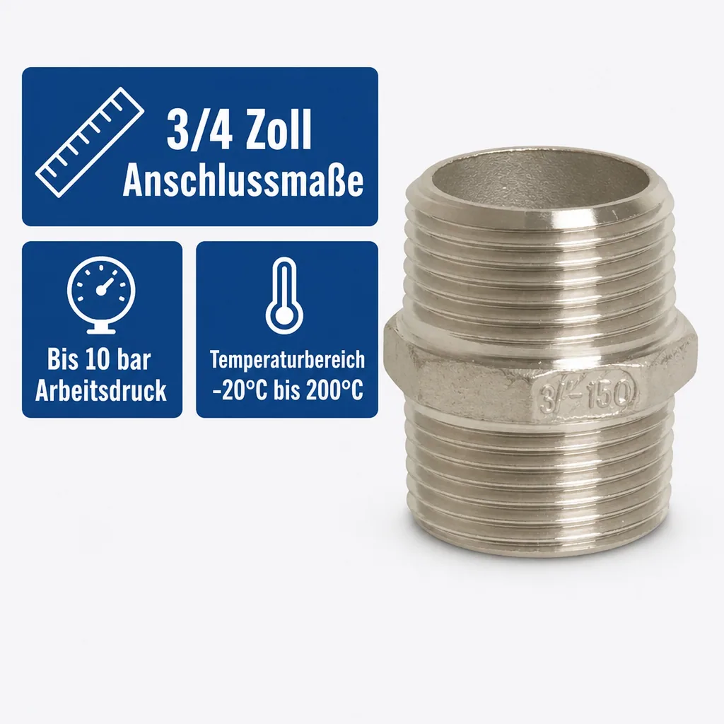 Edelstahl Fitting, Gewindefitting Edelstahl, 3/4 Zoll Doppelnippel, V4A Fitting