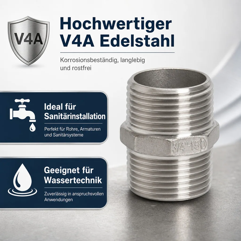 Edelstahl Fitting, Gewindefitting Edelstahl, 3/4 Zoll Doppelnippel, V4A Fitting