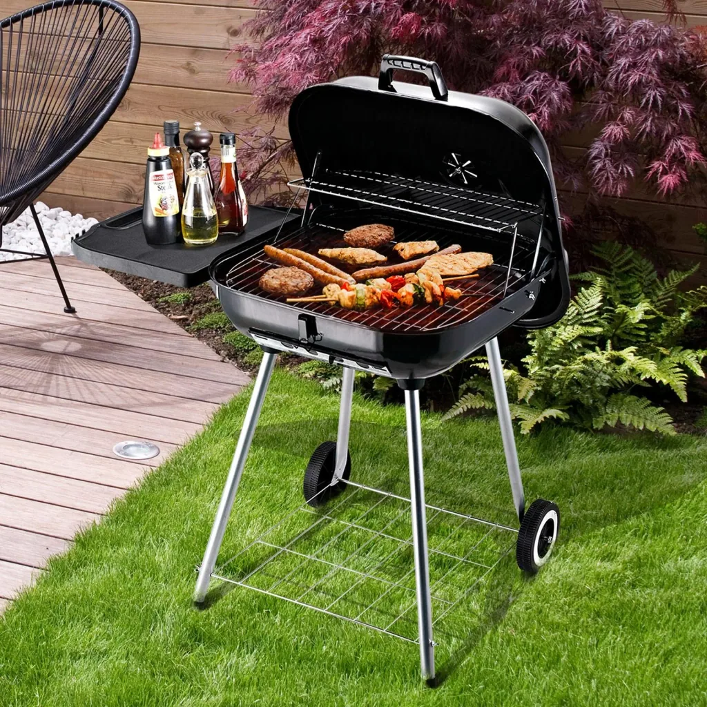 Kohlegrill Grillwagen Standgrill mit Windschutz 2 x Ablagefach Metall Schwarz 96 x 61 x 83 cm