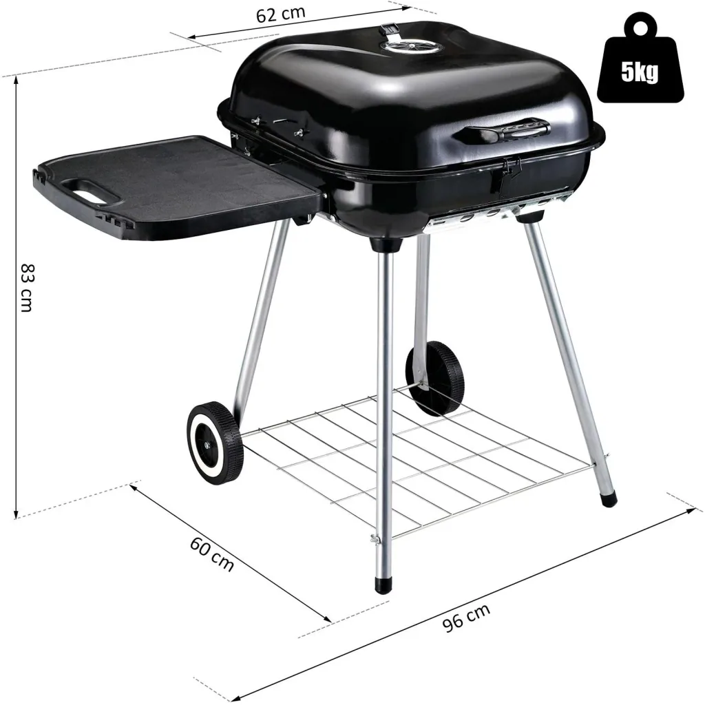 Kohlegrill Grillwagen Standgrill mit Windschutz 2 x Ablagefach Metall Schwarz 96 x 61 x 83 cm