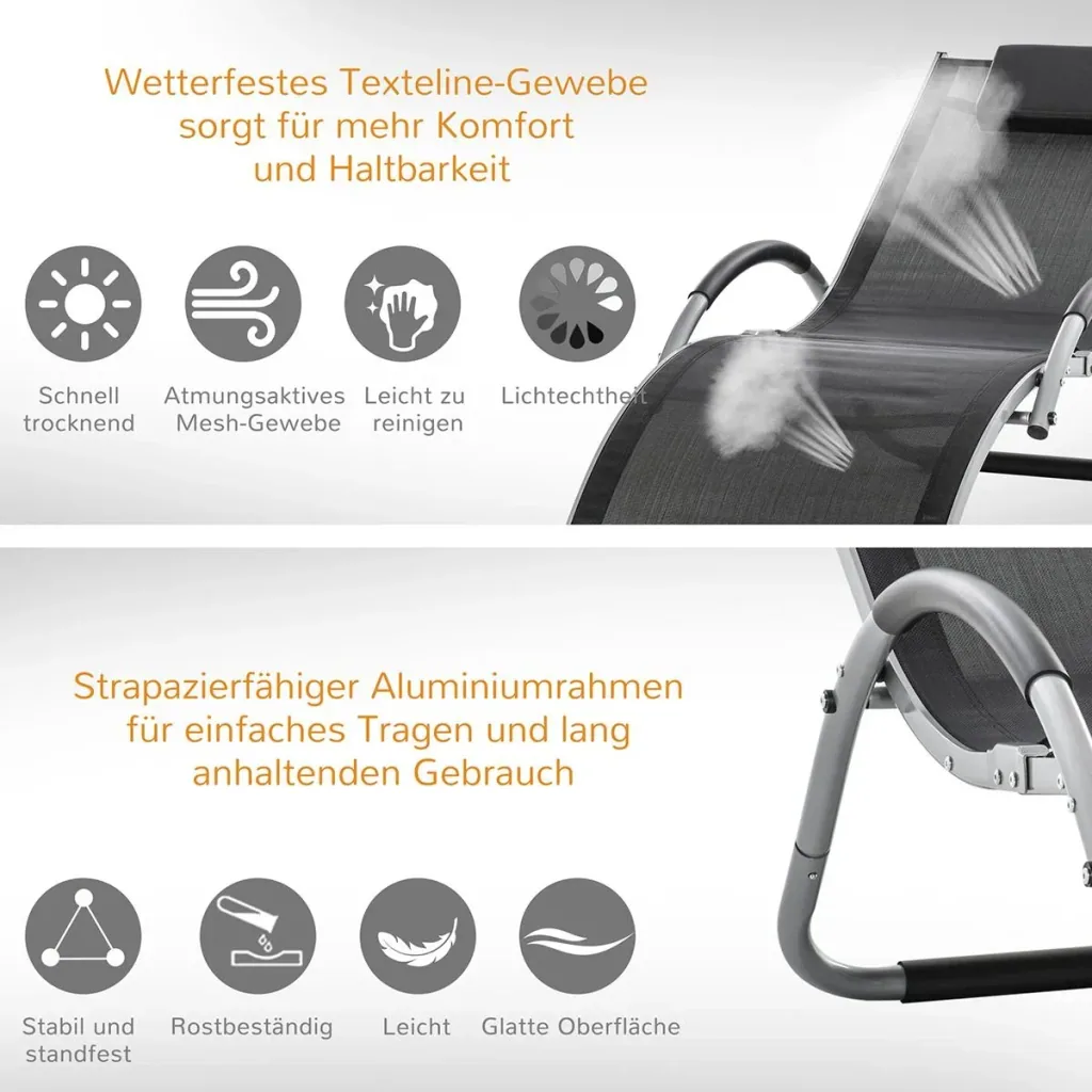 Gartenliegen mit Kissen Sonnenliege Relaxliege ergonomisch Aluminium Texteline Schwarz 160 x 60 x 65 cm