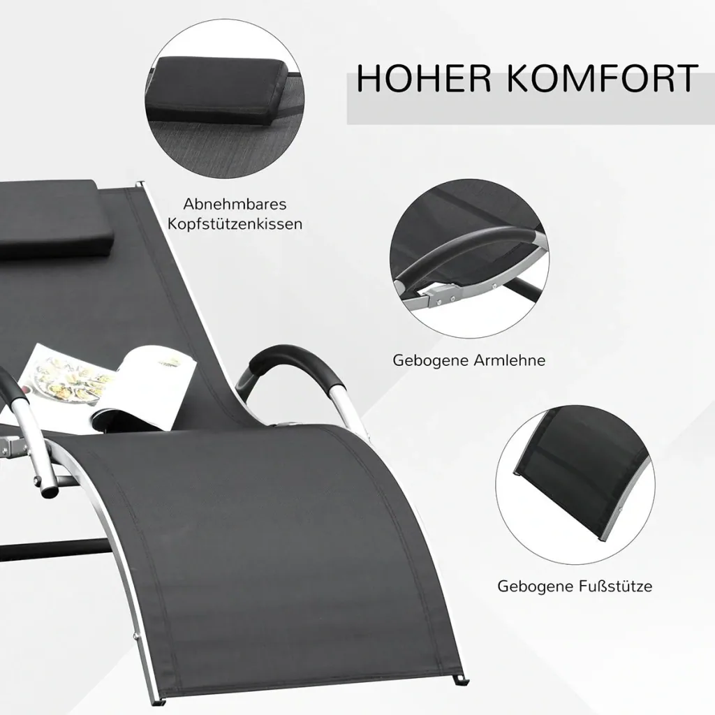 Gartenliegen mit Kissen Sonnenliege Relaxliege ergonomisch Aluminium Texteline Schwarz 160 x 60 x 65 cm