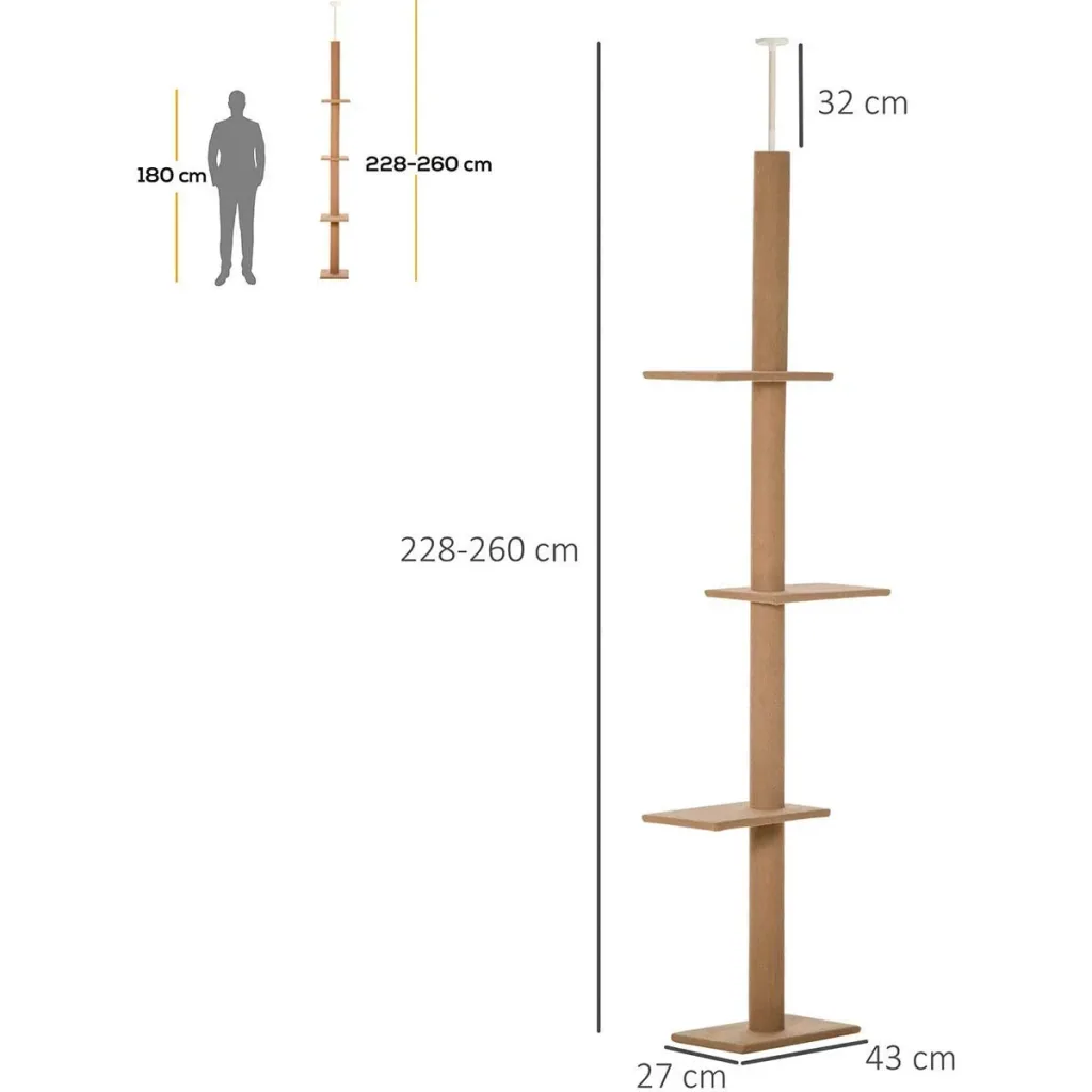 Kratzbaum Katzenbaum Kletterbaum für Katzen Höhenverstellbar Spielbaum Hellbraun 43x27x228-260 cm