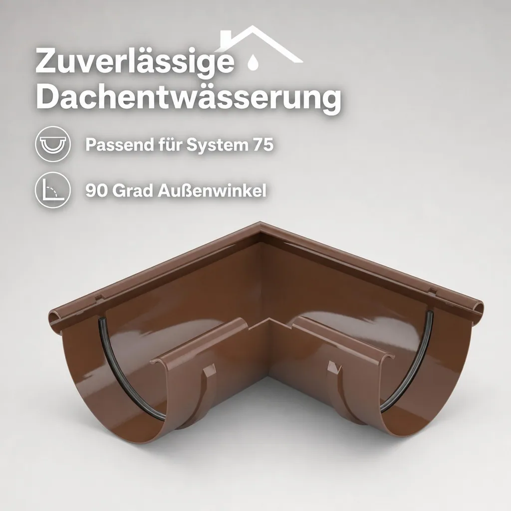 Regenrinne Ecke, Dachrinne Eckstück aussen, 90 Grad, System 75, braun