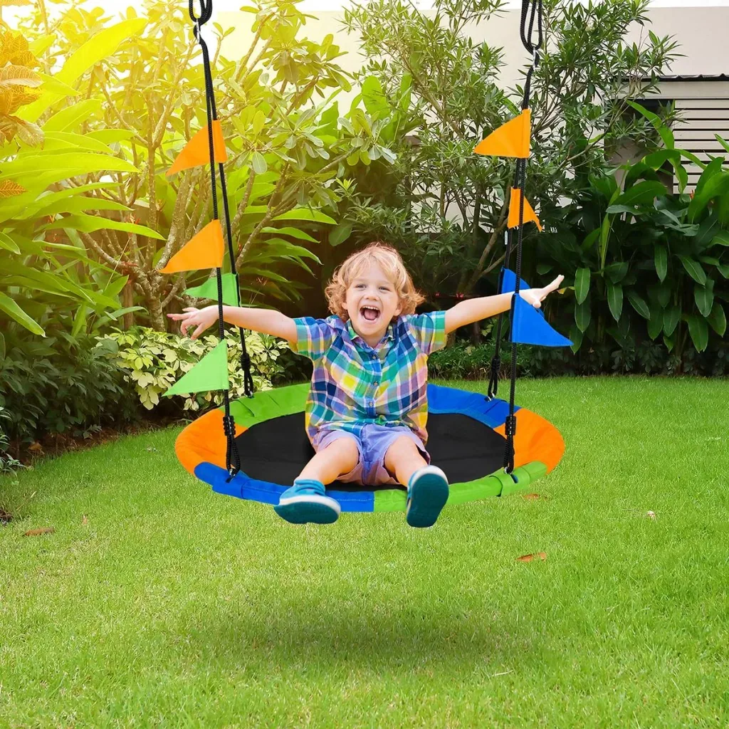 Nestschaukel Tellerschaukel Kinderschaukel Gartenschaukel bis 80 kg belastbar für 3+ Jahre Metall Polyester Blau+Grün+Or