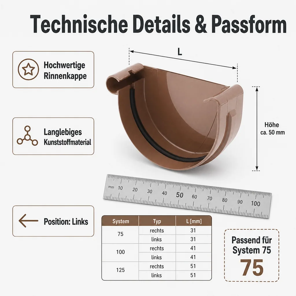 Dachrinne Zubehör, Rinnenkappe links braun, System 75, Regenrinne System