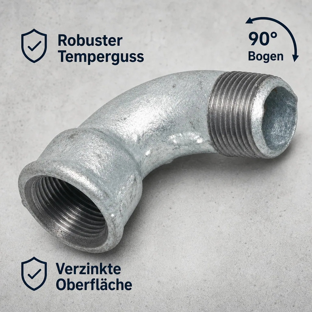 Gewindefitting Temperguss Bogen 90°, kurz 1 1/2" IG x 1 1/2" AG