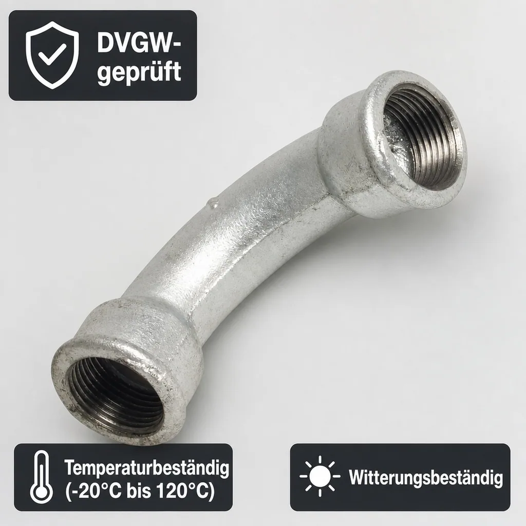Gewindefitting Temperguss, Bogen 90 Grad, 1 Zoll IG, verzinkt