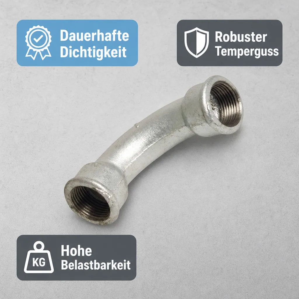 Gewindefitting Temperguss, Bogen 90 Grad, 1 Zoll IG, verzinkt