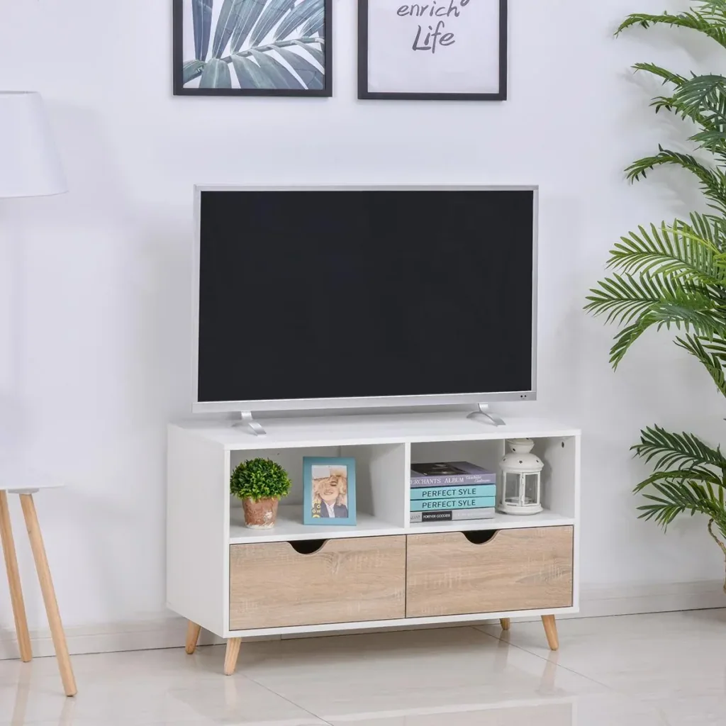 TV Schrank TV-Kommode Schrankelement mit Schubladen und Offene Regale Holz Weiß+Natur 99 x 39 x 58 cm