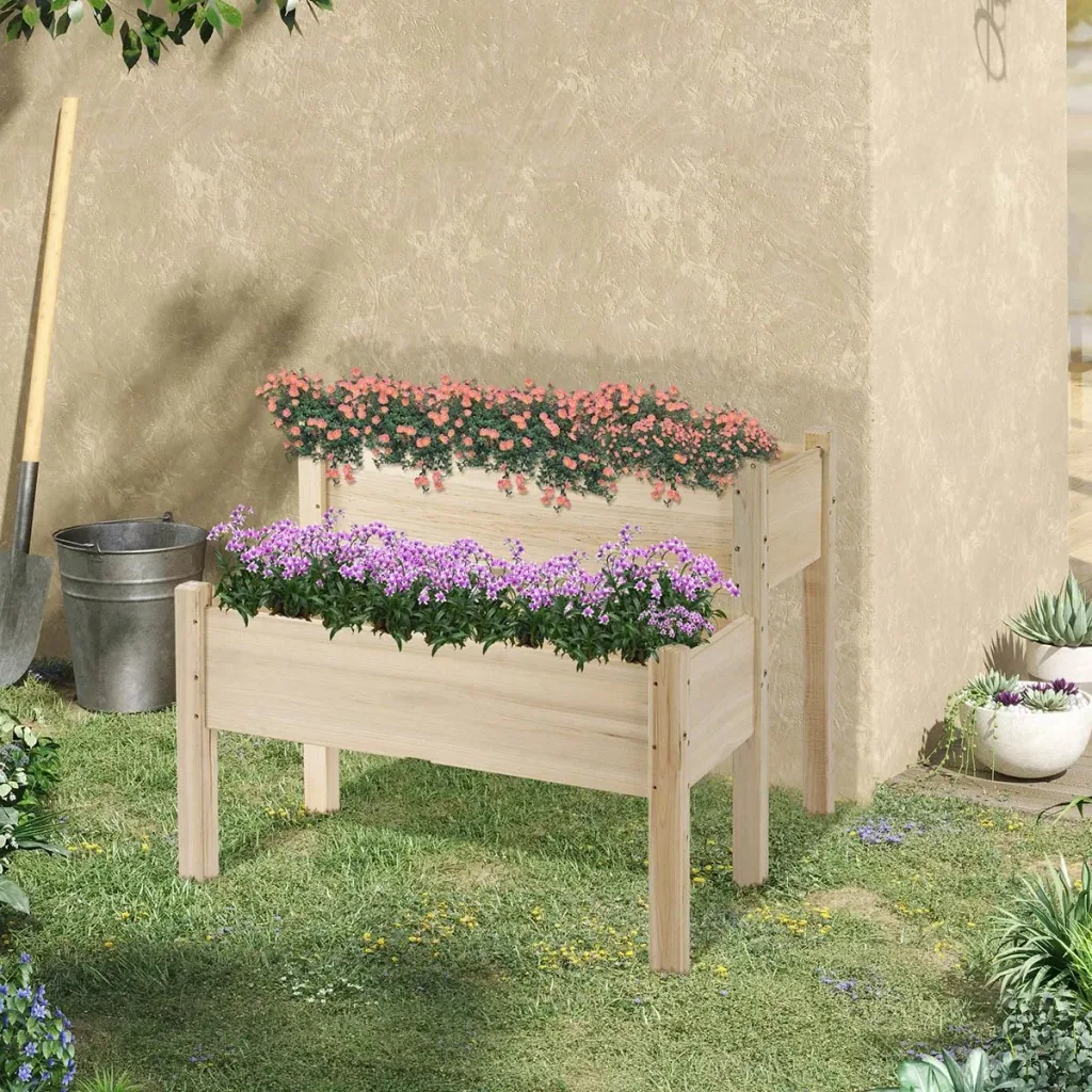 Hochbeet 2 Stufen Frühbeet Kräuterbeet Pflanzkasten mit 8 Abflusslöchern Massivholz Natur 86 x 85 x 72 cm