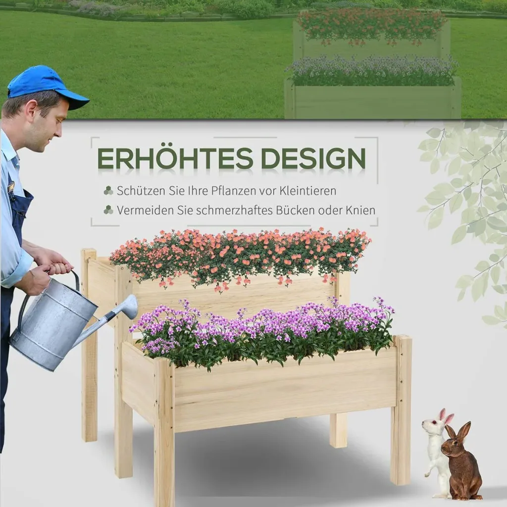 Hochbeet 2 Stufen Frühbeet Kräuterbeet Pflanzkasten mit 8 Abflusslöchern Massivholz Natur 86 x 85 x 72 cm