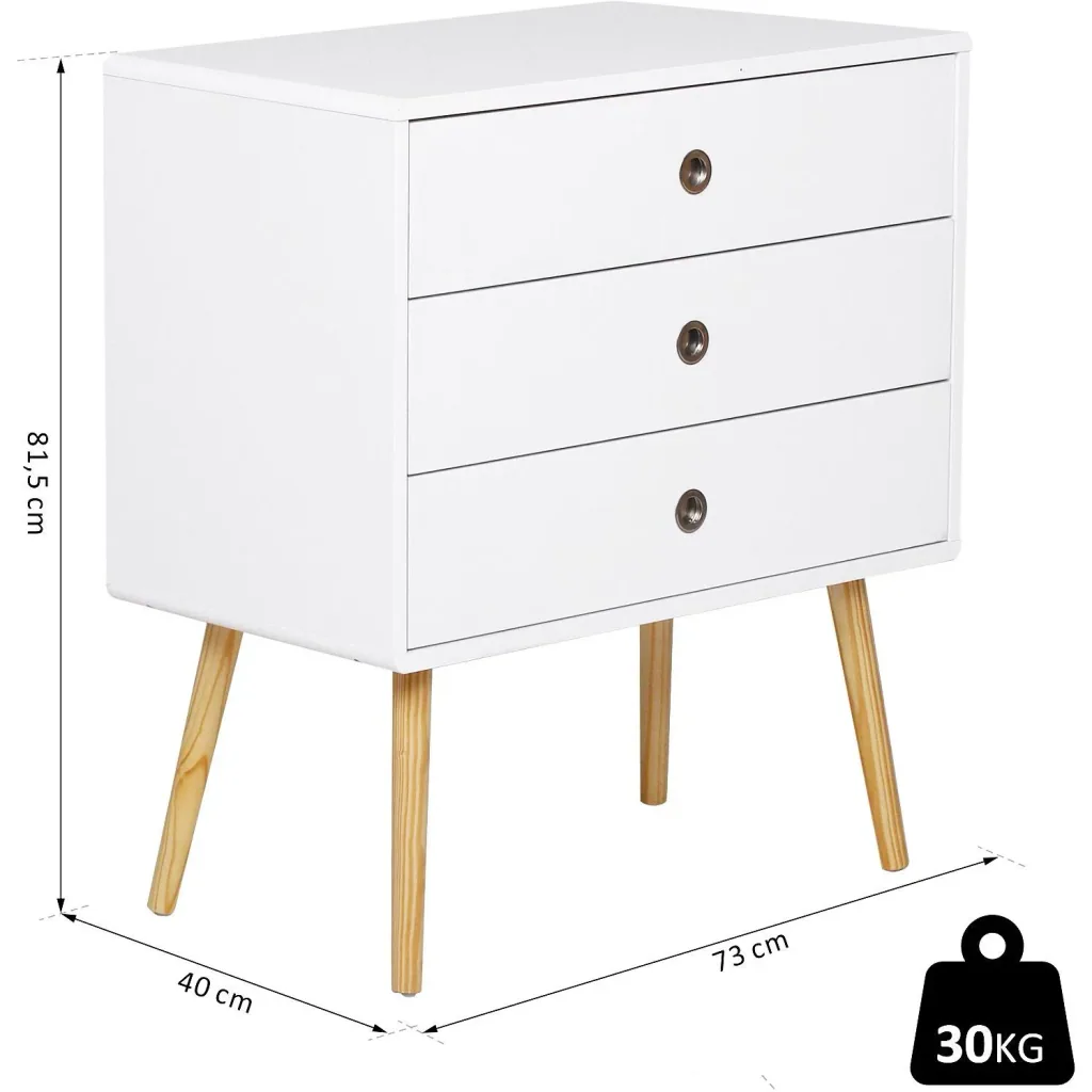 Nachttisch Schrank Nachtschrank Nachtkommode Sideboard mit 3 Schubladen Holz Weiß 73 x 40 x 81,5 cm