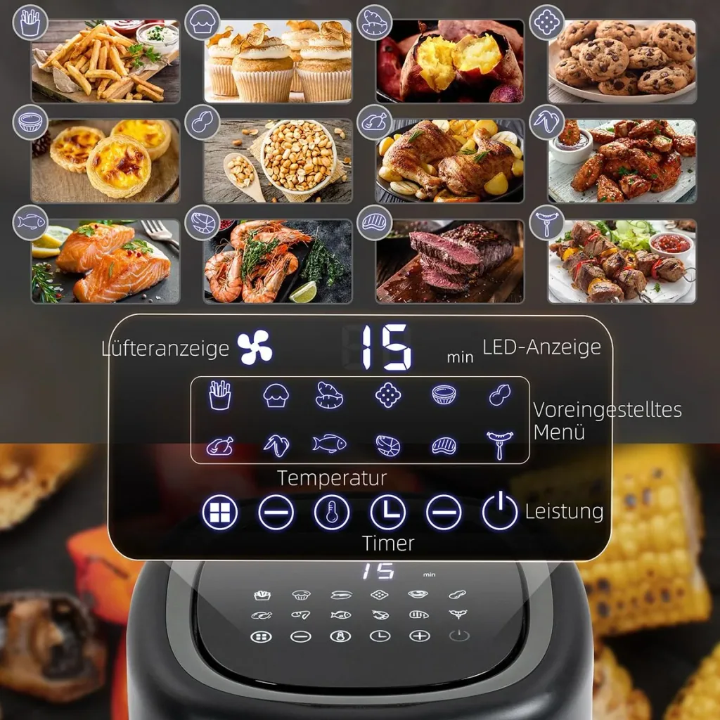 Heißluftfritteuse 3 L 1300W mit 12 Menüs LED-Display Antihaftbeschichteter Korb Schwarz 29,5 x 23,8 x 30,3 cm