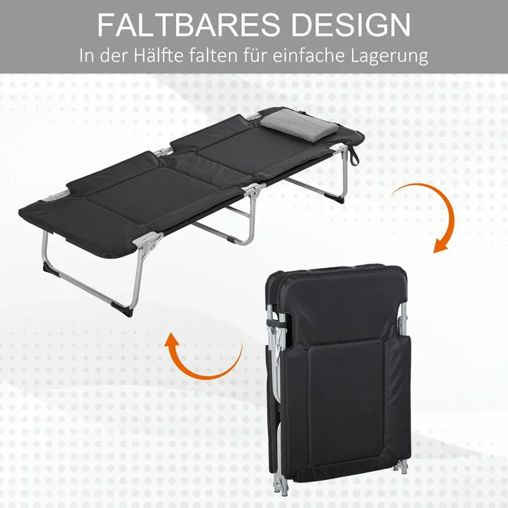 Campingbett Feldbett Klappbett mit Kissen inkl. Tasche Schwarz+Silber 183 x 66 x 33 cm