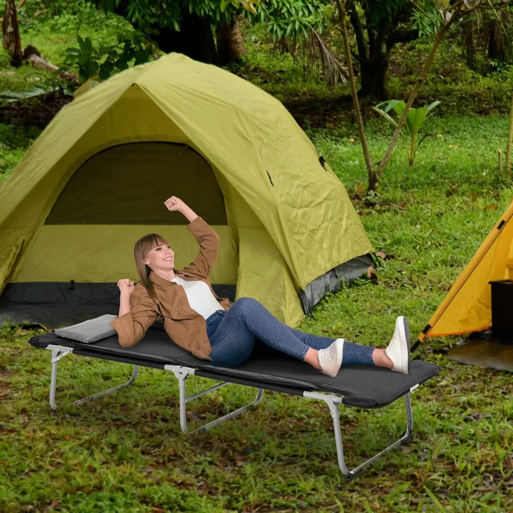Campingbett Feldbett Klappbett mit Kissen inkl. Tasche Schwarz+Silber 183 x 66 x 33 cm