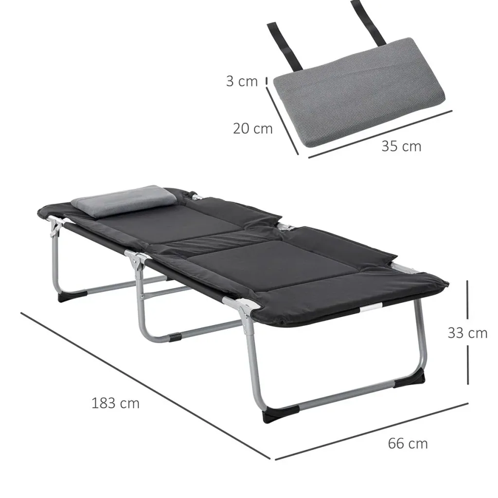 Campingbett Feldbett Klappbett mit Kissen inkl. Tasche Schwarz+Silber 183 x 66 x 33 cm
