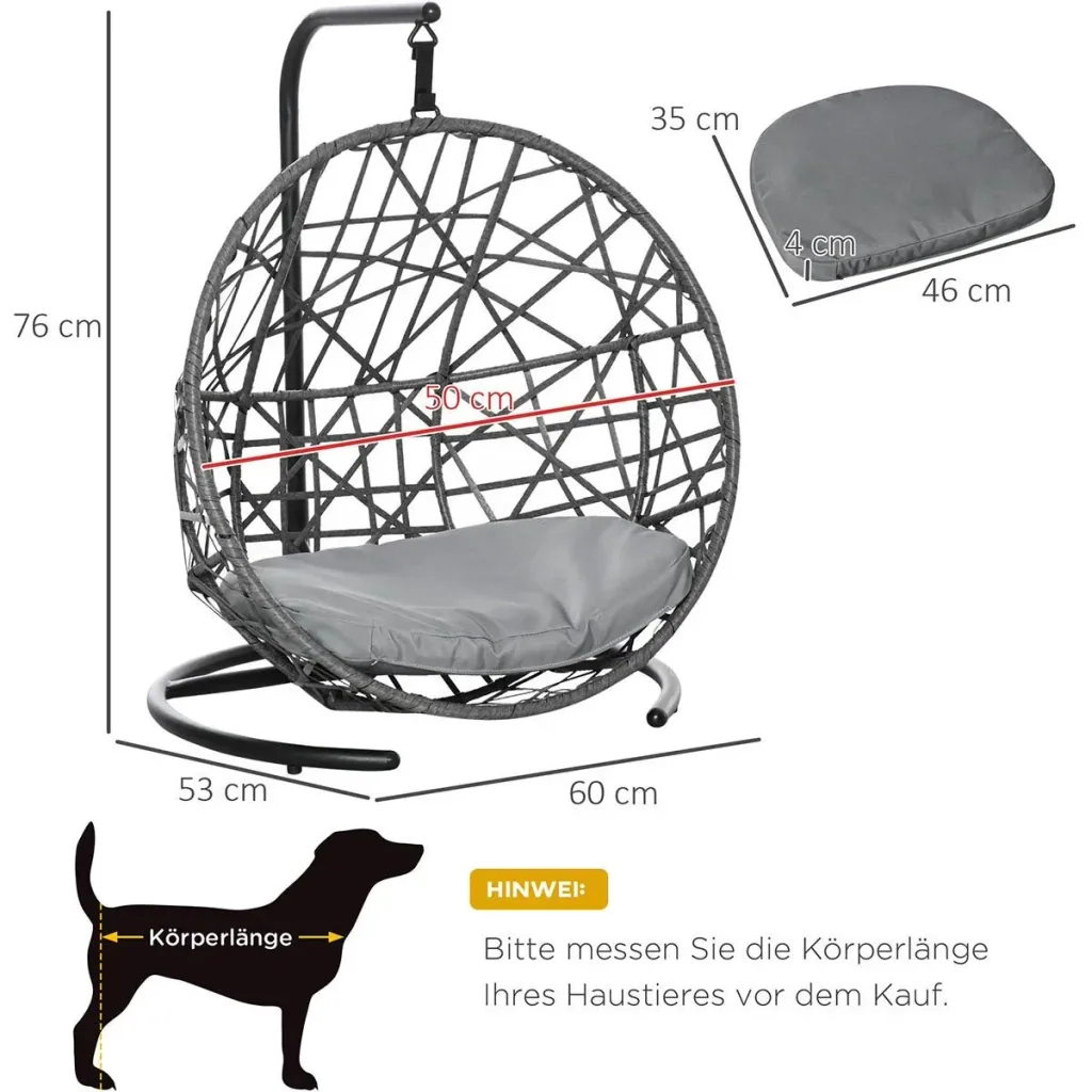 Rattan-Hängematte für Hunde, Grau+Schwarz 60 x 53 x 76 cm
