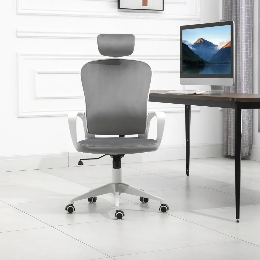 Bürostuhl mit Wippfunktion ergonomischer Drehstuhl höhenverstellbar mit Armlehne Kopfstütze samtartiges Polyester Türki
