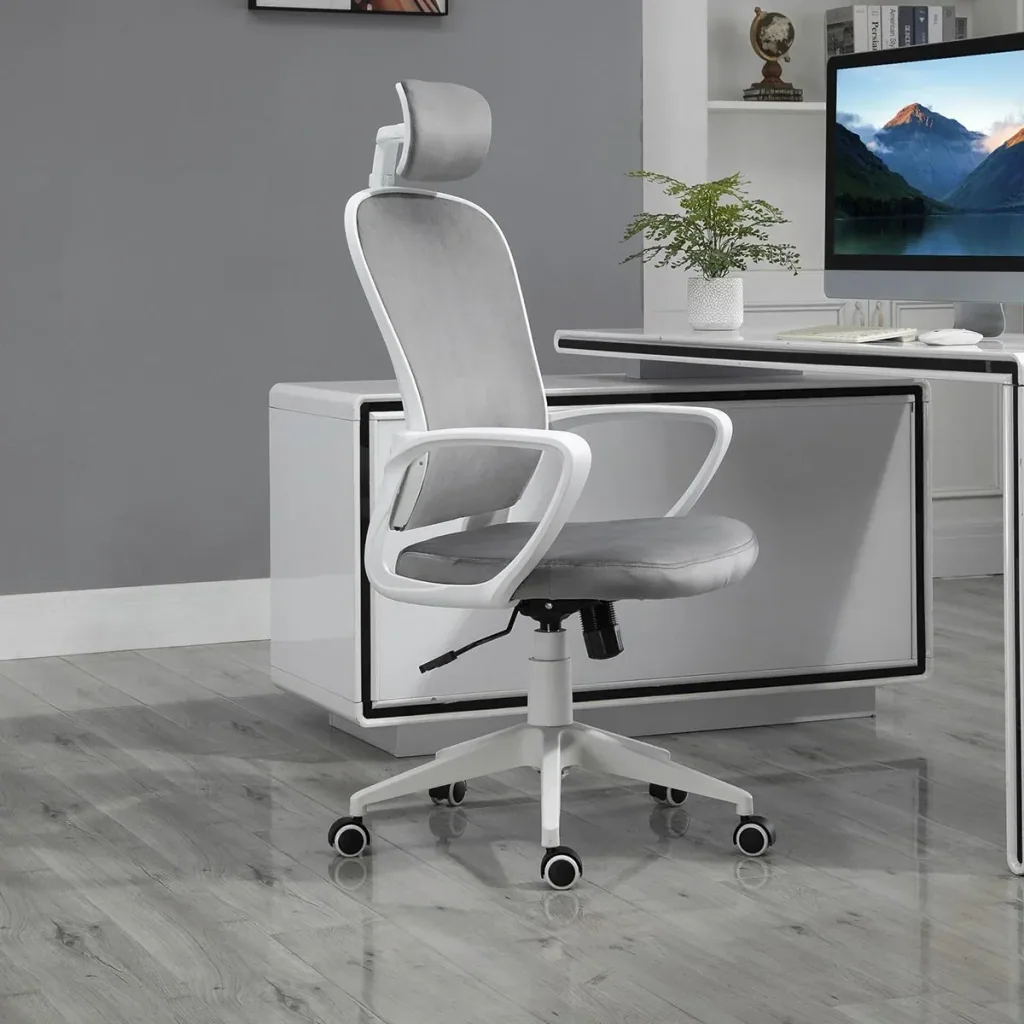 Bürostuhl mit Wippfunktion ergonomischer Drehstuhl höhenverstellbar mit Armlehne Kopfstütze samtartiges Polyester Türki