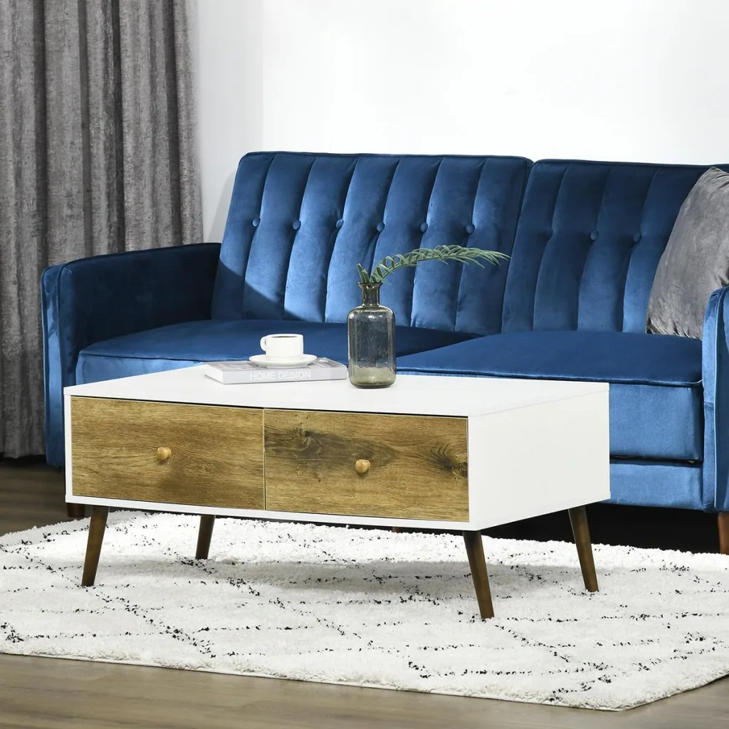 Couchtisch Wohnzimmertisch mit Schublade Beistelltisch Kaffeetisch Teetisch Nachttisch Spanplatte Buchenholz Weiß+Braun