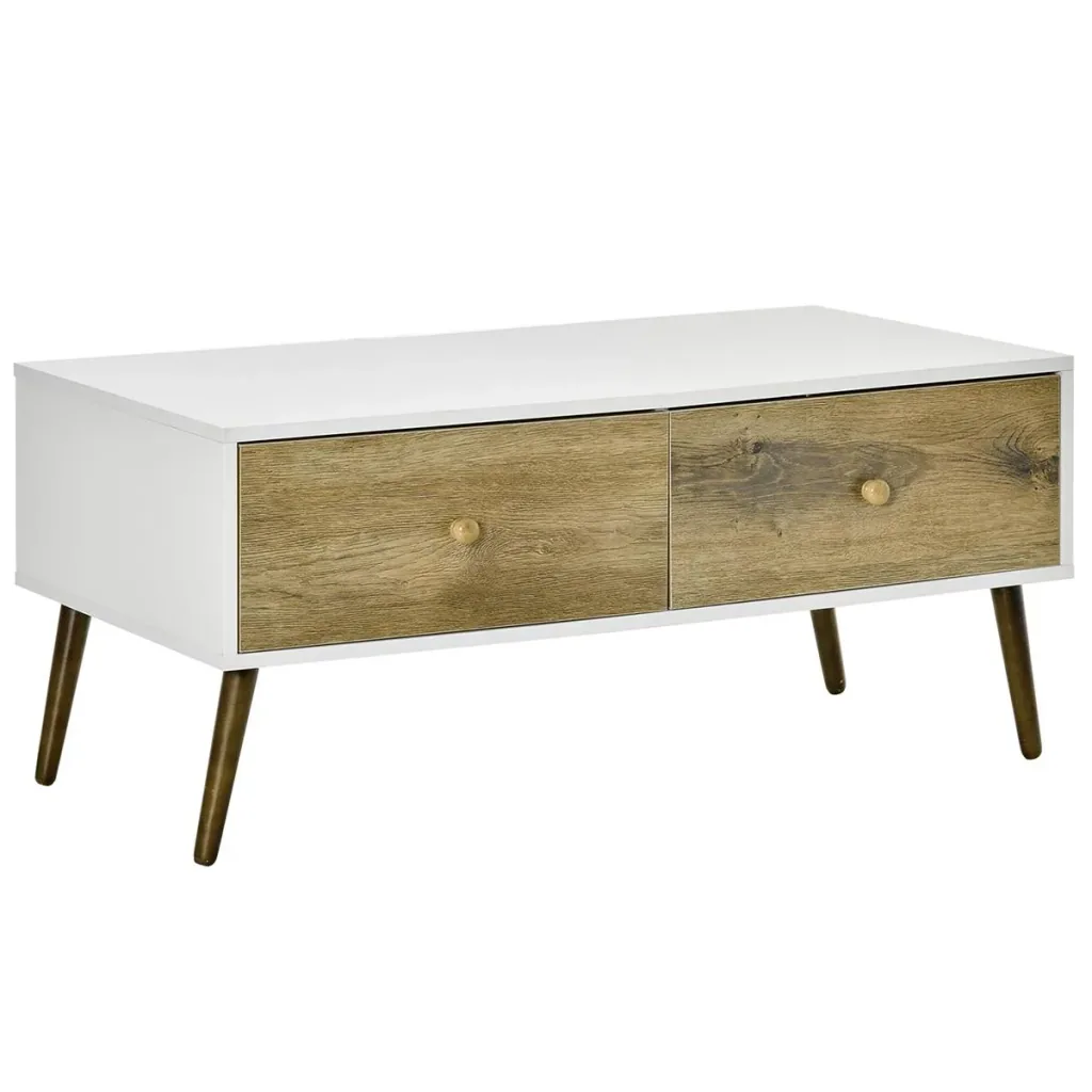 Couchtisch Wohnzimmertisch mit Schublade Beistelltisch Kaffeetisch Teetisch Nachttisch Spanplatte Buchenholz Weiß+Braun