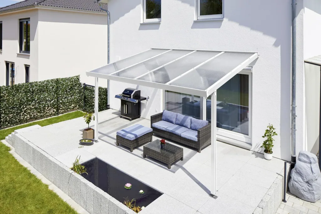 Terrassendach Premium, weiß, 4102 x 3060 mm - Acryl Stegplatten 16mm, klar