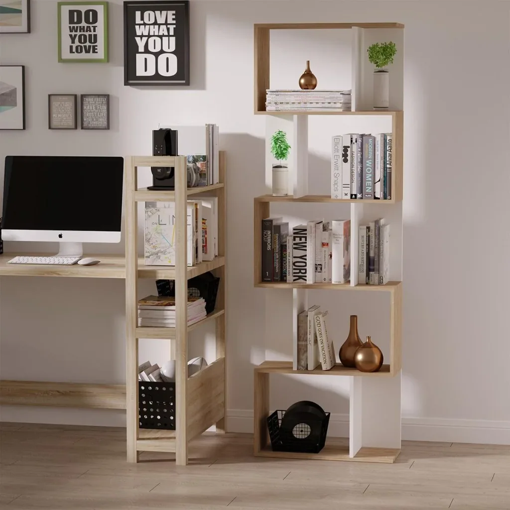 Bücherregal S-förmig Ausstellungsregal Standregal 5-stöckiger moderner Raumteiler Spanplatte Weiß 60 x 24 x 184,5 cm