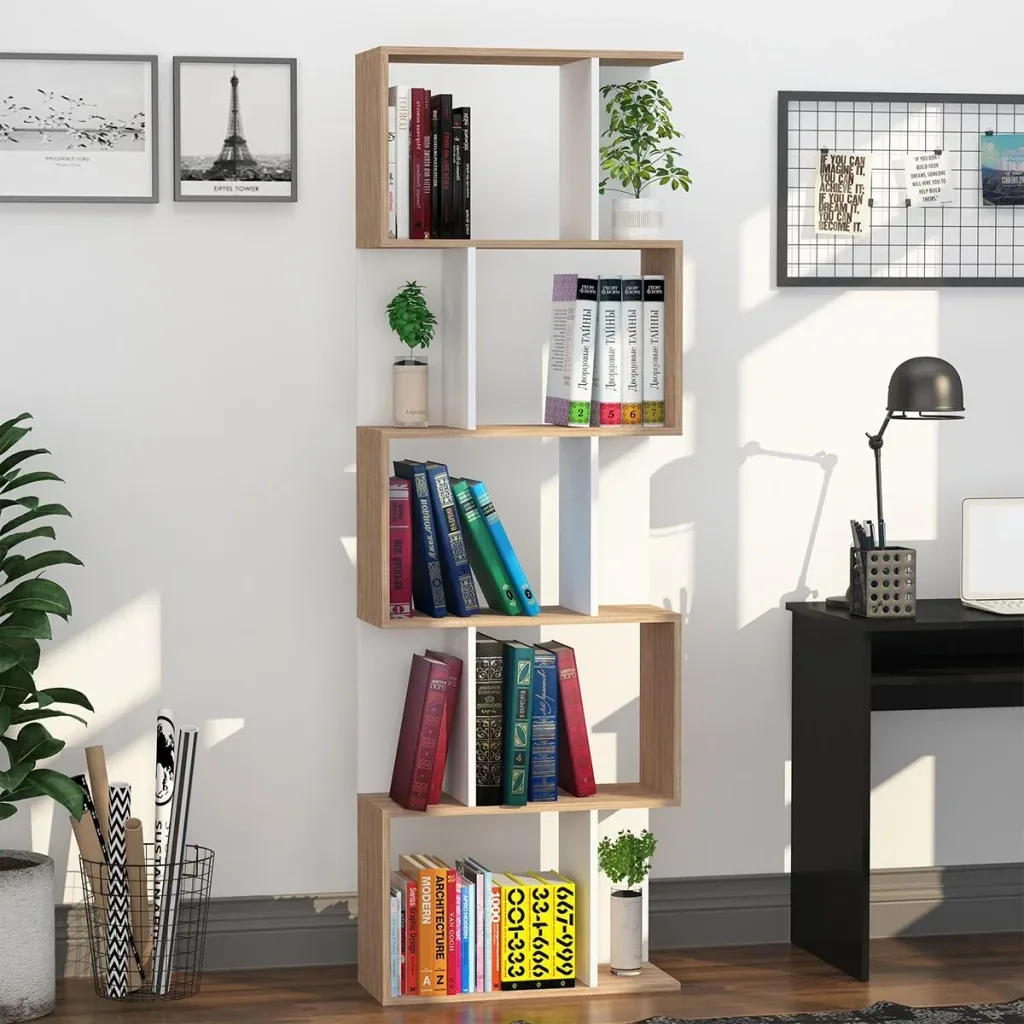 Bücherregal S-förmig Ausstellungsregal Standregal 5-stöckiger moderner Raumteiler Spanplatte Weiß 60 x 24 x 184,5 cm