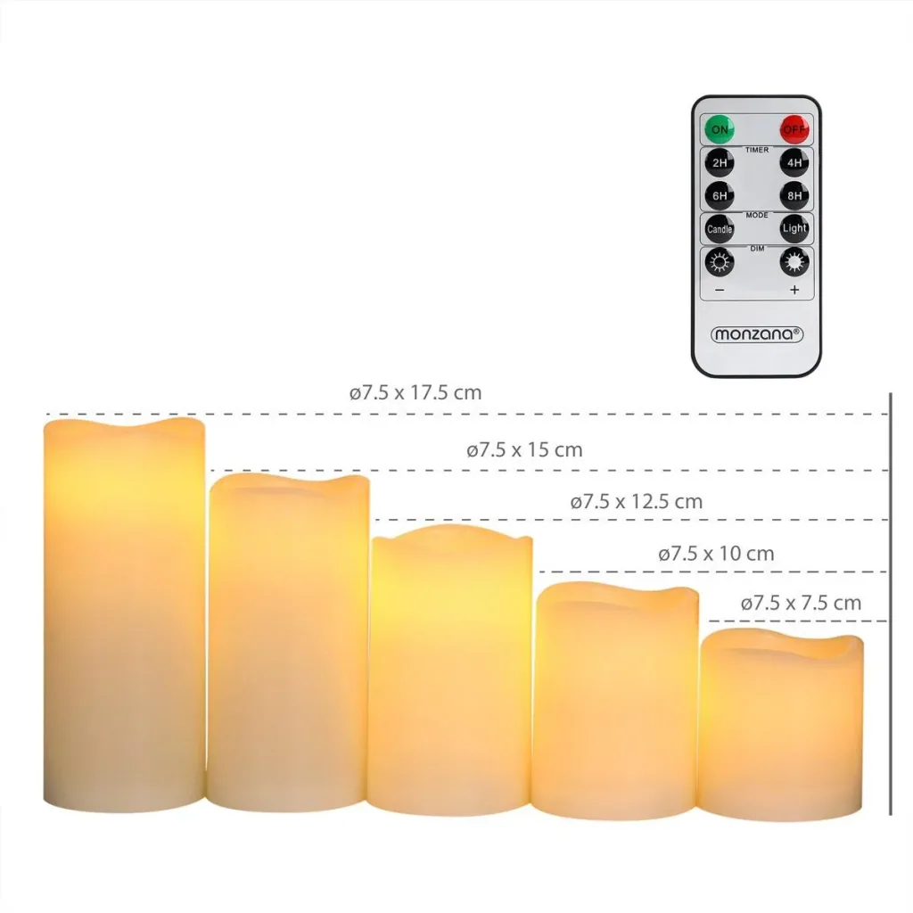 5 LED-Flacker-Echtwachskerzen weiß mit Fernbedienung & Timer