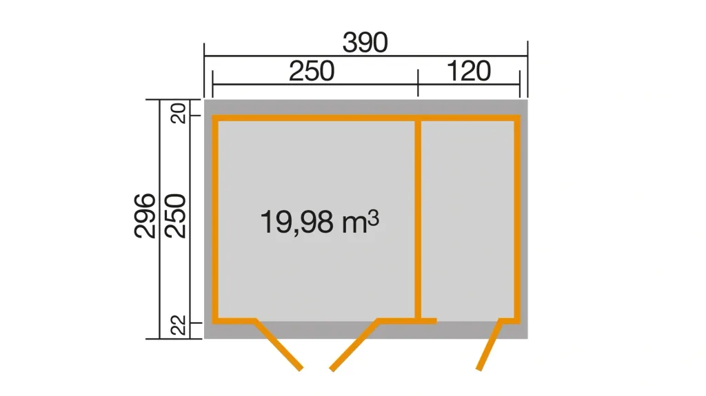 Gartenhaus 254 Gr.2, 394 x 296 x 222 cm graphitgrau,28 mm, Doppeltür, mit 2. Raum Einzeltür