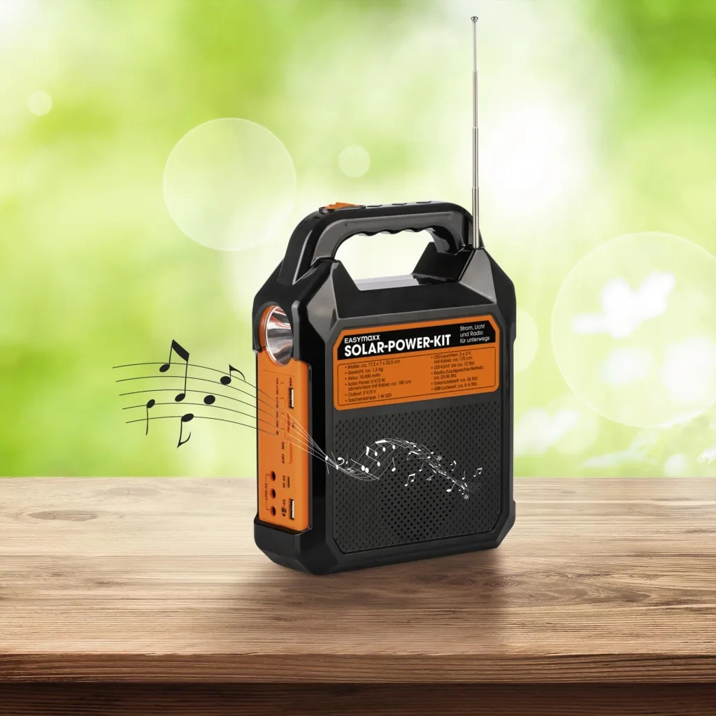 Solar-Generator Kit mit eigenem Solarpanel, Radio und Lautsprecher, 10000mAh schwarz/orange