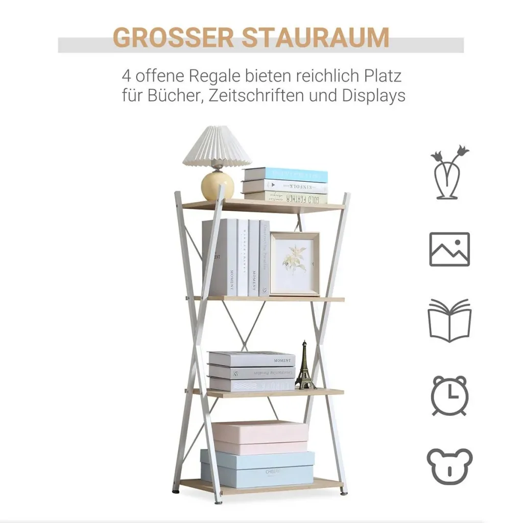 Bücherregal X-Form Standregal mit 4 Ebenen Aufbewahrungsregal für Wohnzimmer Schlafzimmer Küche Büro Spanplatte Metall N