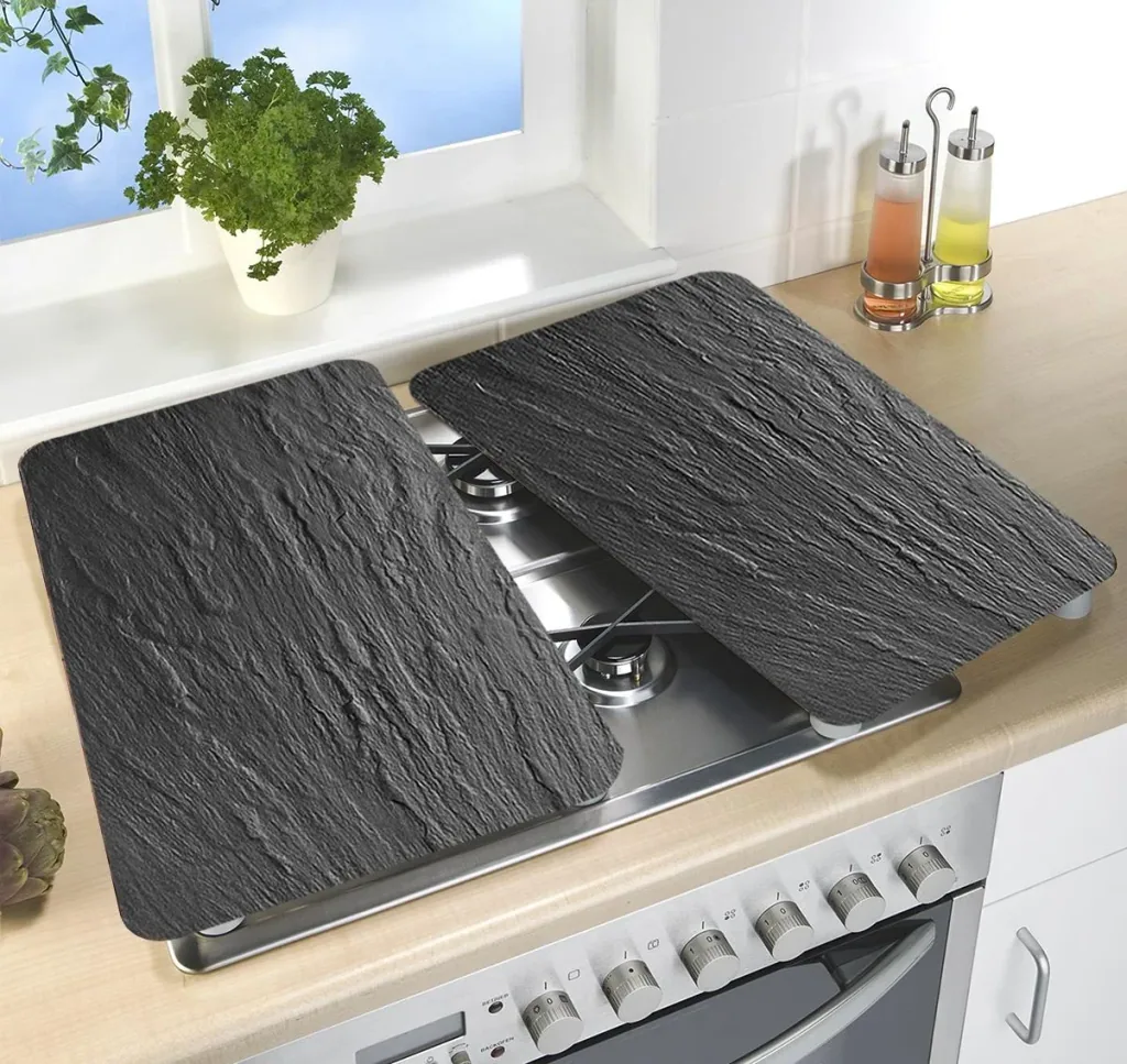 3 in 1 Herd-Abdeckplatten, Schneidbretter, Arbeitsplatten, Glas, in Schiefer-Optik, je 52 x 30 cm, 2er-Set