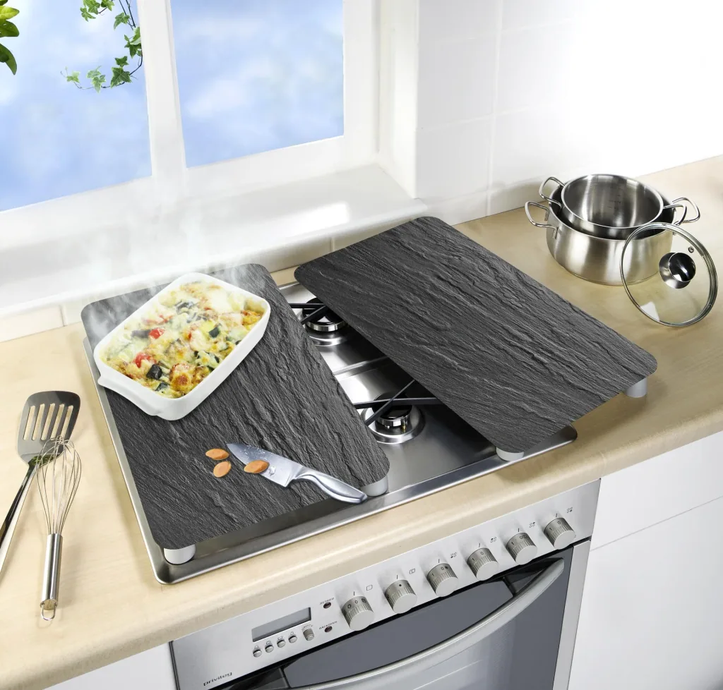 3 in 1 Herd-Abdeckplatten, Schneidbretter, Arbeitsplatten, Glas, in Schiefer-Optik, je 52 x 30 cm, 2er-Set