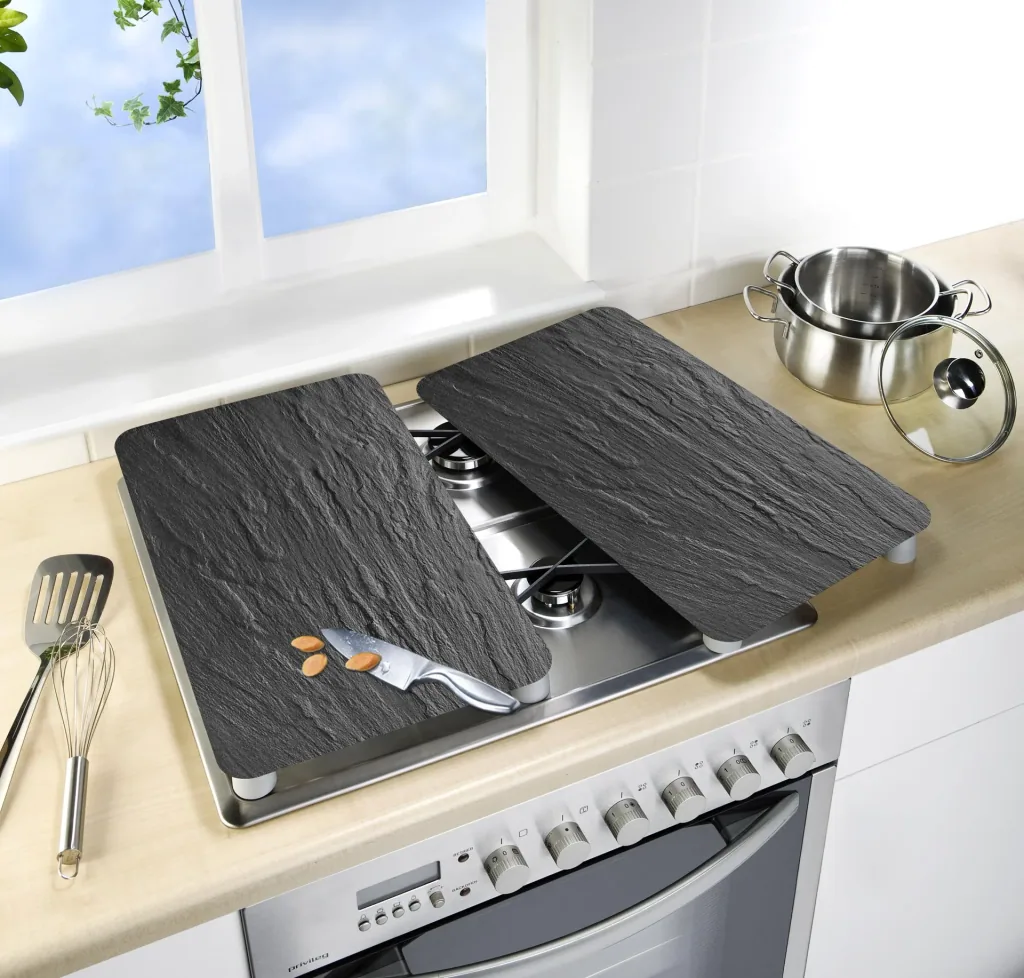 3 in 1 Herd-Abdeckplatten, Schneidbretter, Arbeitsplatten, Glas, in Schiefer-Optik, je 52 x 30 cm, 2er-Set