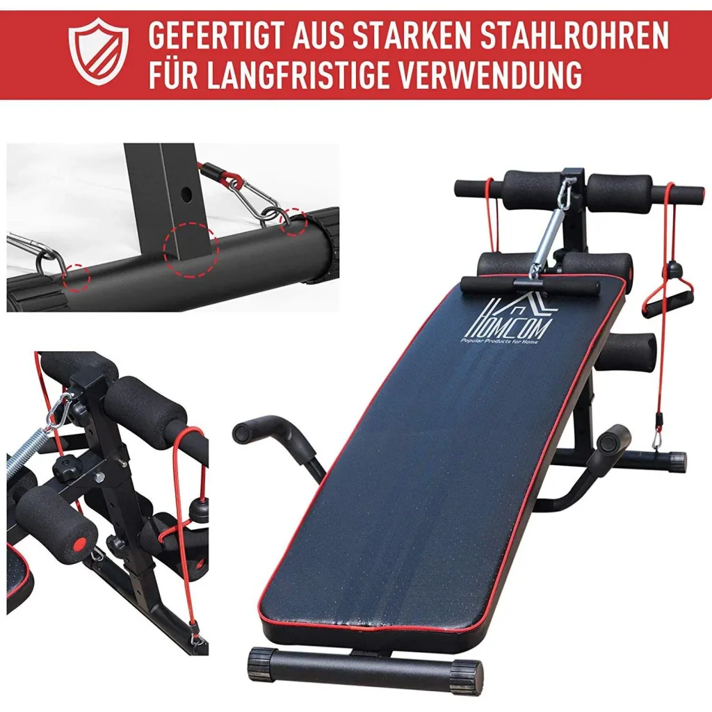 Sit Up Bank Bauchtrainer Trainingsbank Widerstandsbänder Stahl + PVC Schwarz + Rot 56,5 x 135 x (50 68) cm
