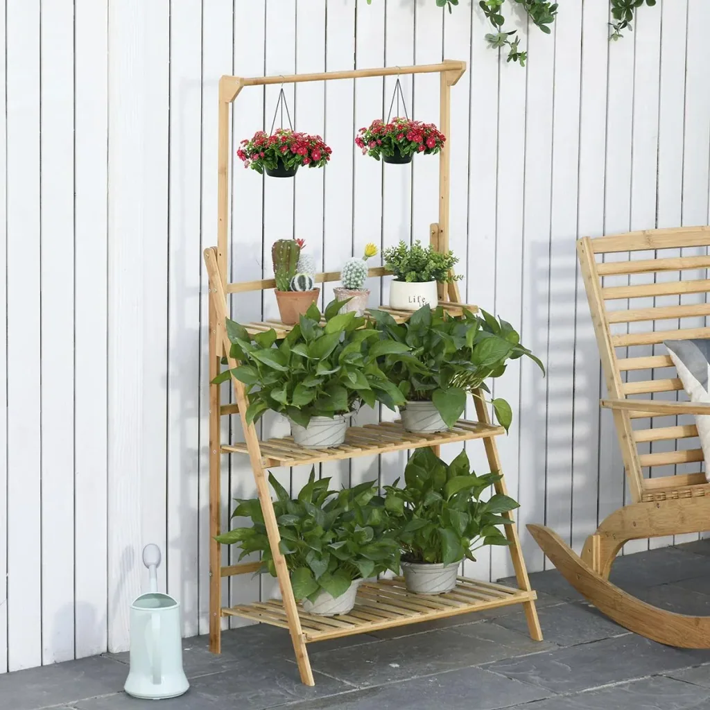 Blumentreppe aus Holz Pflanzenständer Leiterregal einstellbare Hängehöhe Blumenständer hängende Bamboo Natur innen drauß