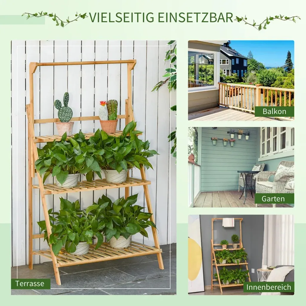 Blumentreppe aus Holz Pflanzenständer Leiterregal einstellbare Hängehöhe Blumenständer hängende Bamboo Natur innen drauß