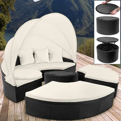 Polyrattan-Sonnenliege schwarz-creme Ø185cm mit Sonnendach