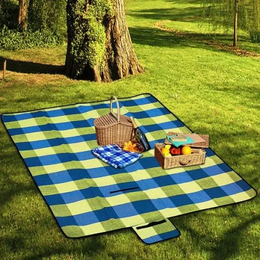 Picknickdecke mit praktischem Tragegriff 2x2m hellblau gelb
